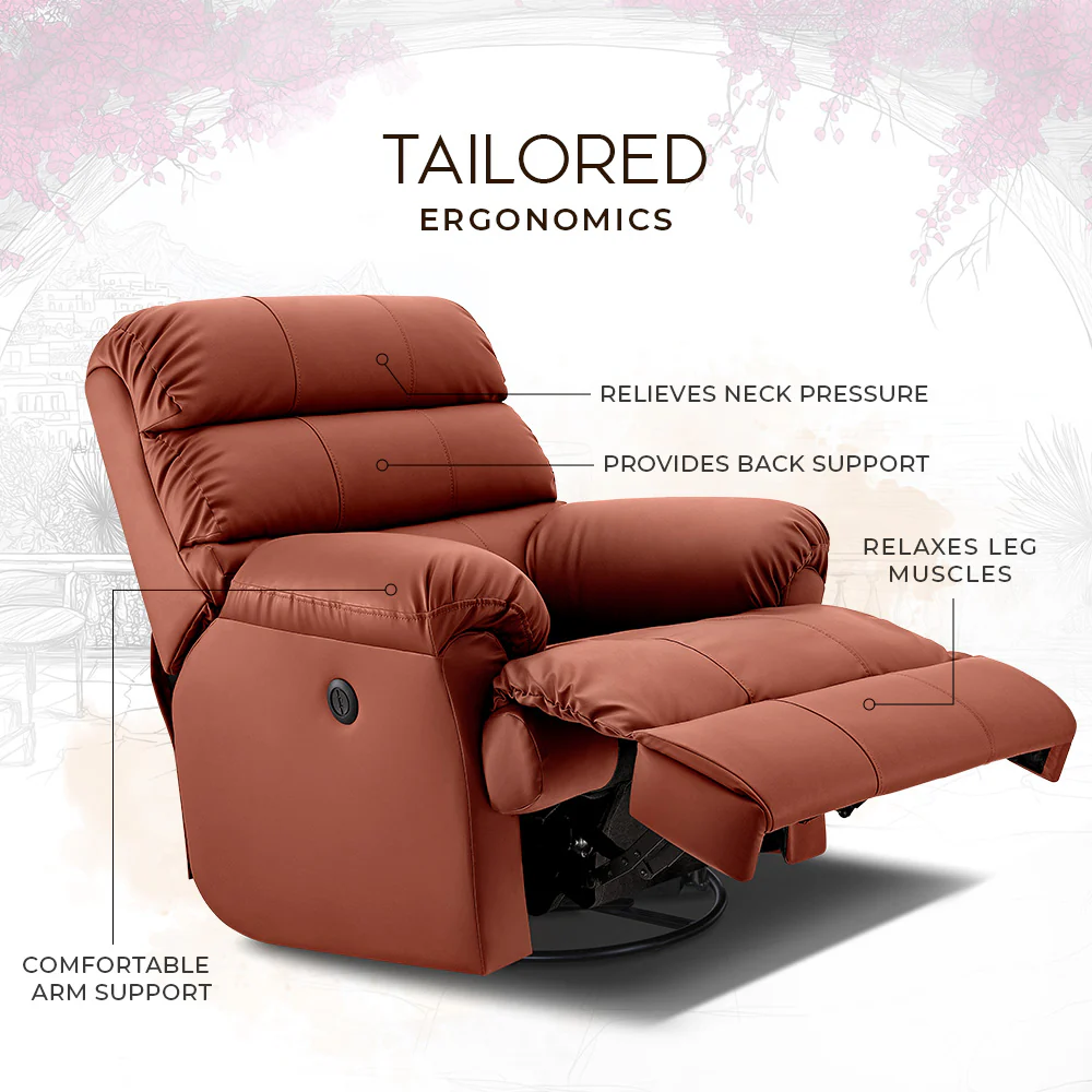 Avalon Posture Pro Rocking & Rotating Single Seater Premium Leatherette Recliner, Tan, Motorized - Image 3
